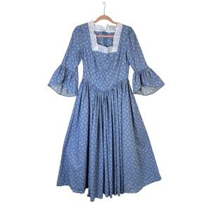 Vintage 1970s Prairie Calico Maxi Dress Blue Floral Cottagecore Handmade